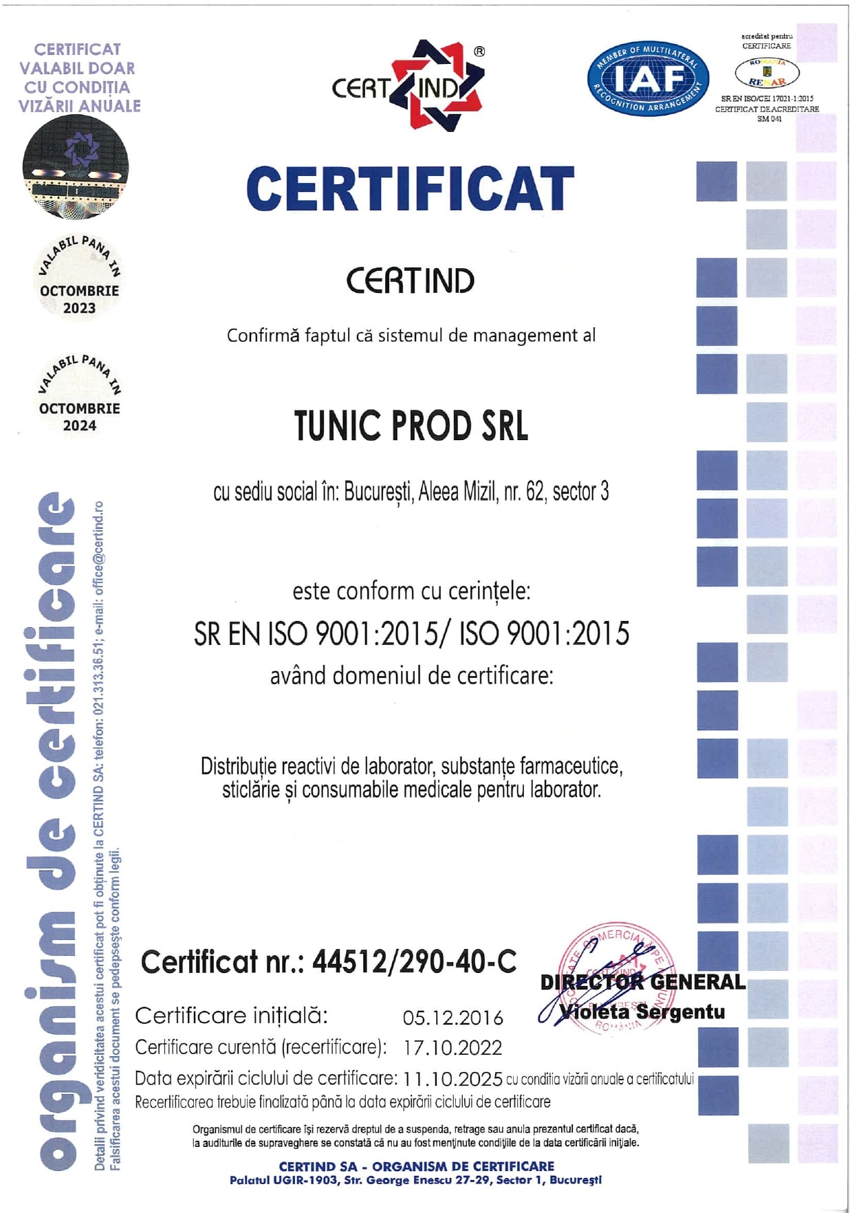 Certificate ISO 9001 TUNIC PROD SRL 2023