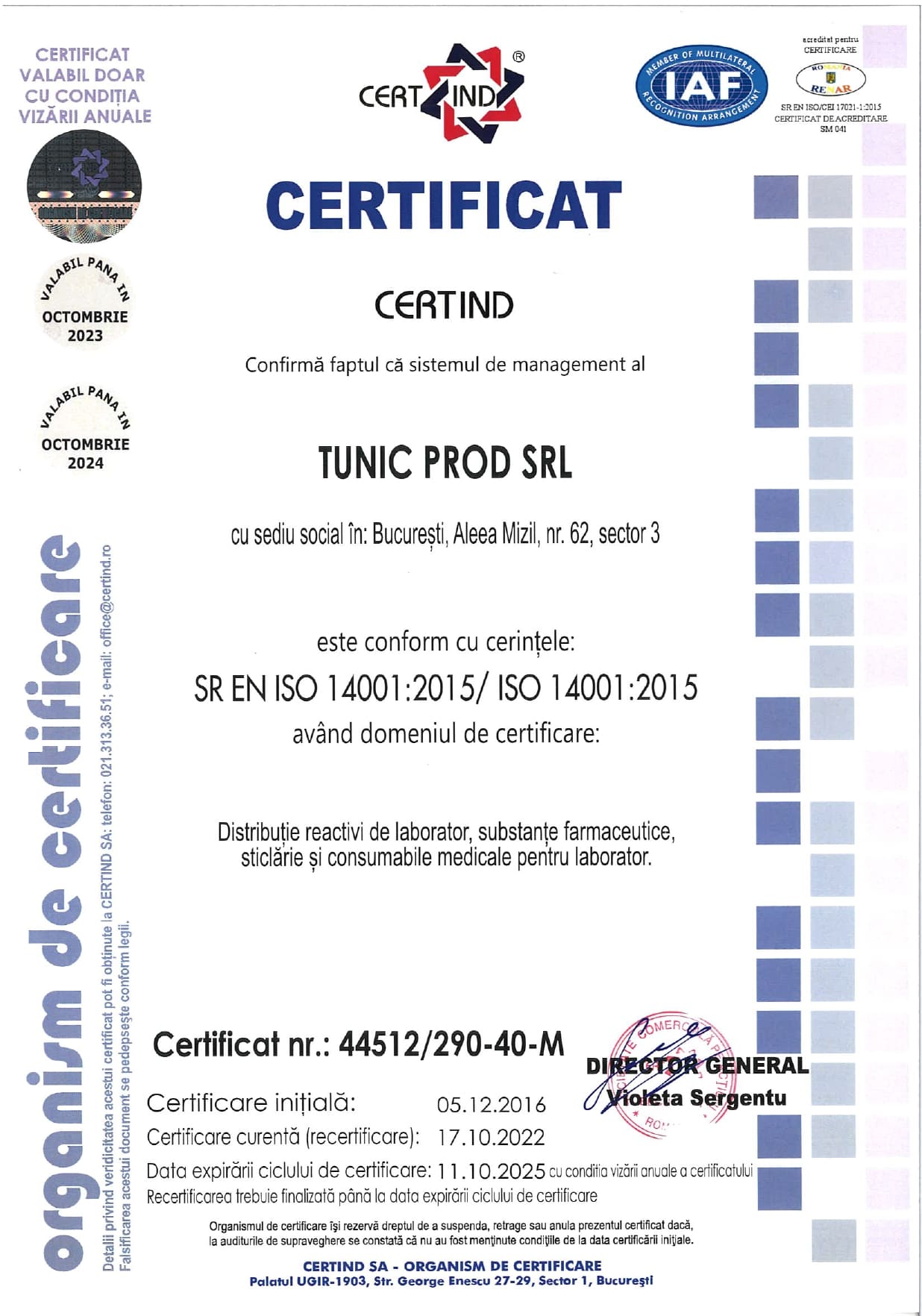 Certificate ISO14001 TUNIC PROD SRL 2023